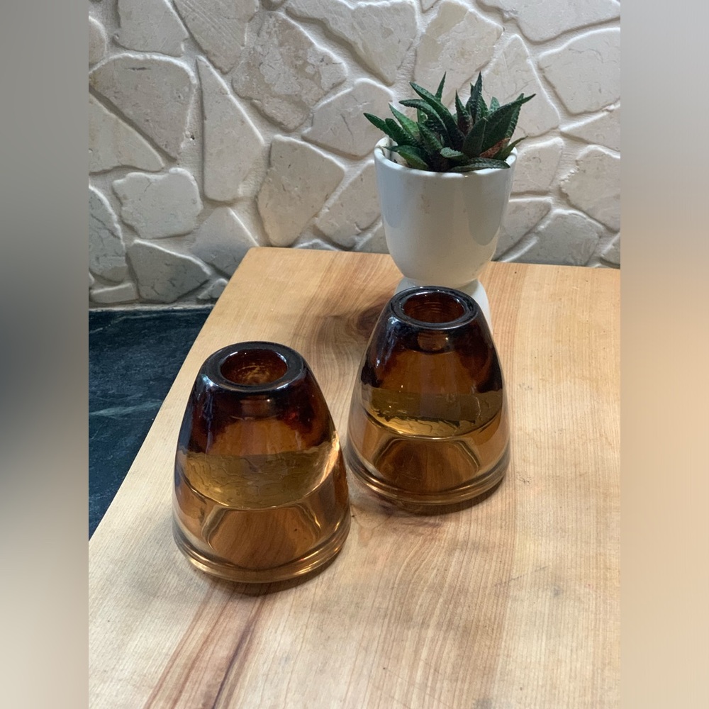 VINTAGE | Set of 2 | Amber Glass Double Sided Candle Holders